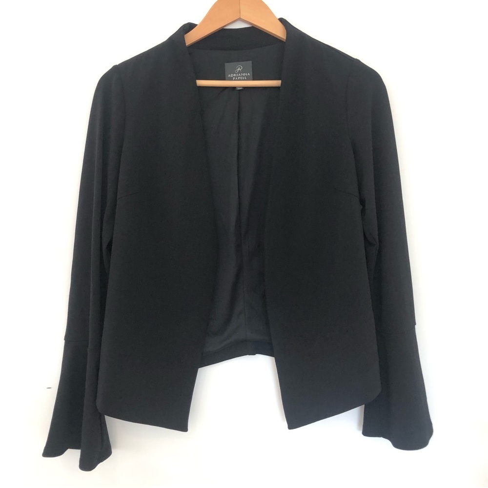 Adrianna Papell Black Bell Sleeve Open Front Asymmetrical Blazer Sz XS - Picture 2 of 15
